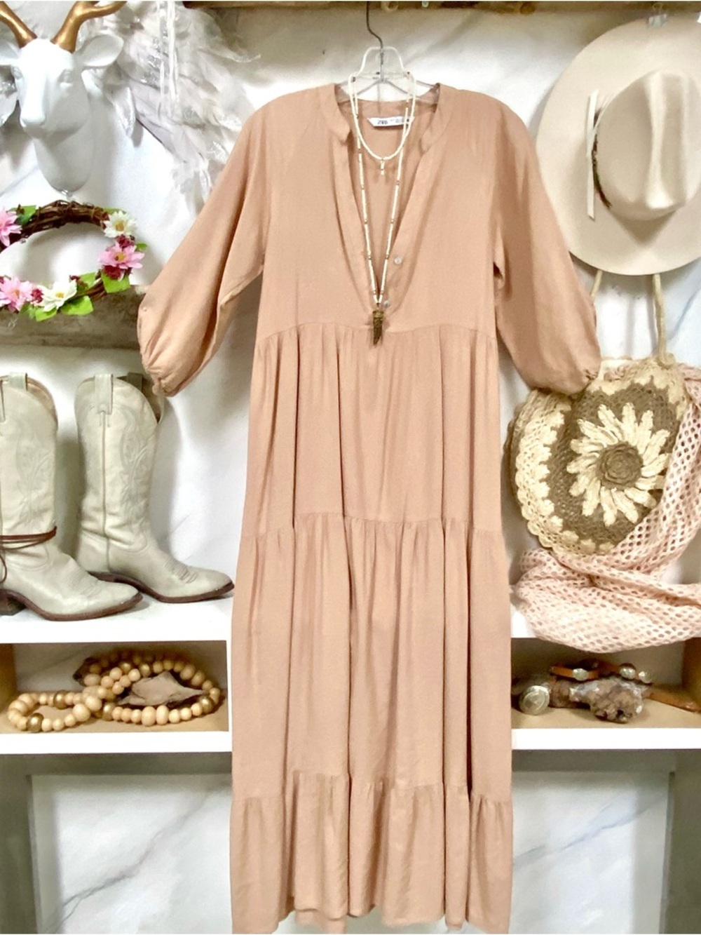 ZARA prairie vibe Tiered V-Neck maxi boho Dress in dusty Blush shabby chic feel